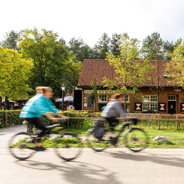 Twee fietsers rijden voorbij Taverne D’n Ouwe Brandtoren in een bosrijke omgeving in Brabant.